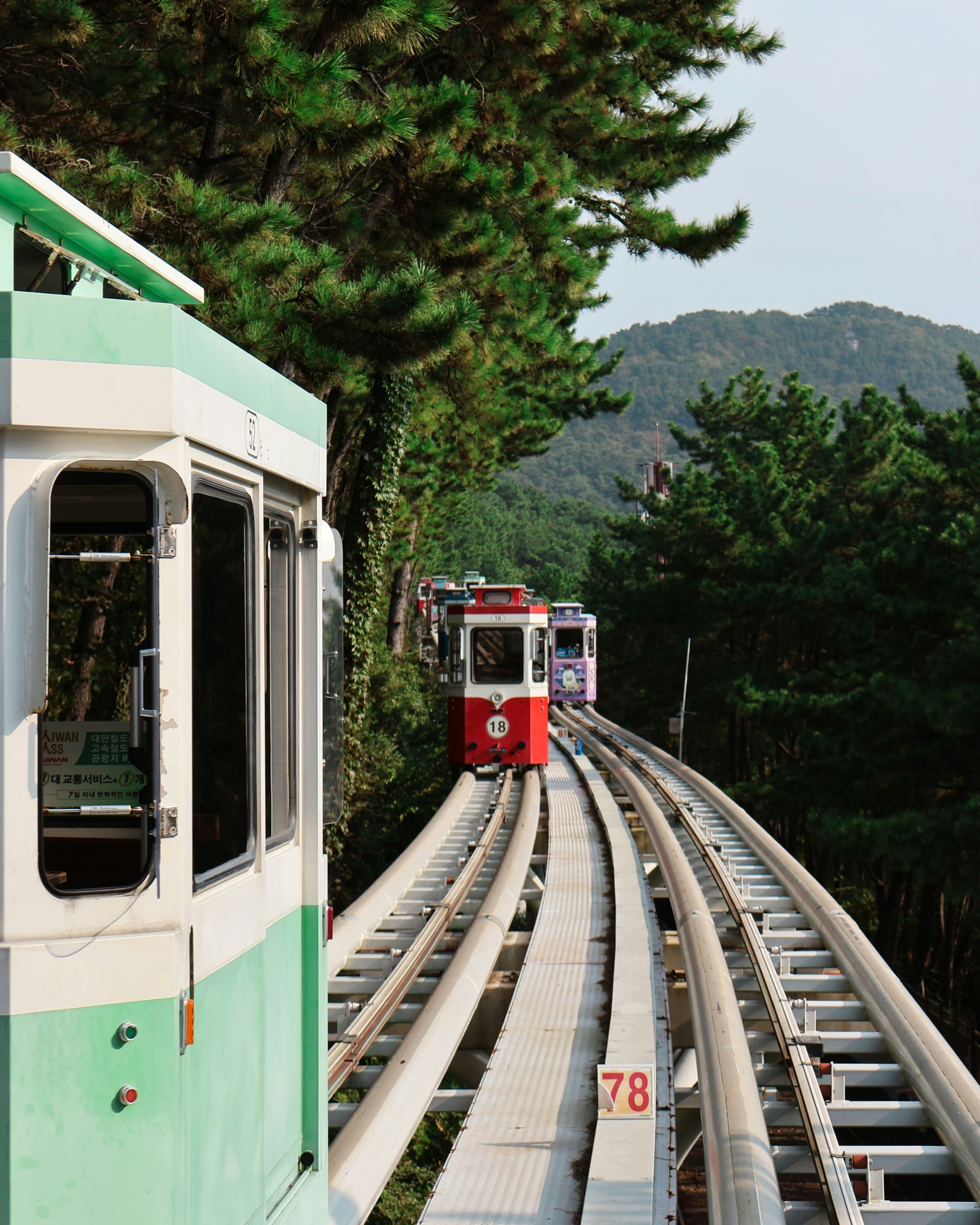 Trenes coloridos moviéndose a través de un paisaje verde.